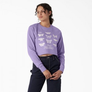 Dickies Butterfly Grafice Long Sleeve Cropped T-Shirt Violet Roz | YKWR3493