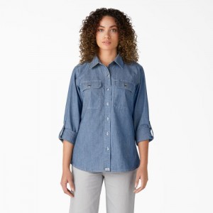 Dickies Chambray Roll-Tab Lucru Shirt Albastri Deschis | FDVE4619