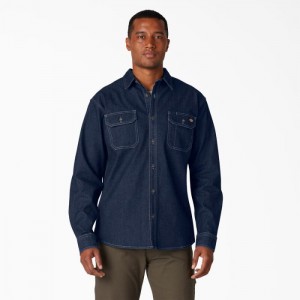 Dickies FLEX Denim Long Sleeve Shirt Albastri Inchis Albastru Deschis | RZTX8909