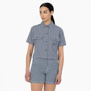 Dickies Hickory Stripe Cropped Lucru Shirt Albastri | REIX0806