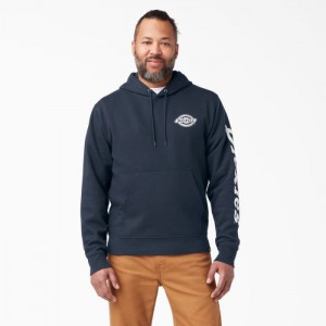 Dickies Logo Sleeve Fleece Hoodie Bleumarin | USUJ8283