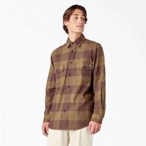Dickies Long Sleeve Flannel Shirt Masline Verzi Inchis | VRXR2991