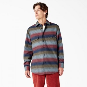 Dickies Long Sleeve Flannel Shirt Rosii Inchis Masline Verzi | HVSI0038