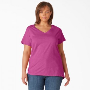 Dickies Plus Scurte Sleeve V-Neck T-Shirt Fucsie | XGYD4909