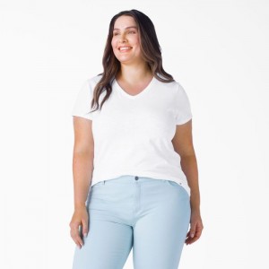 Dickies Plus Scurte Sleeve V-Neck T-Shirt Albi | CYPI9814