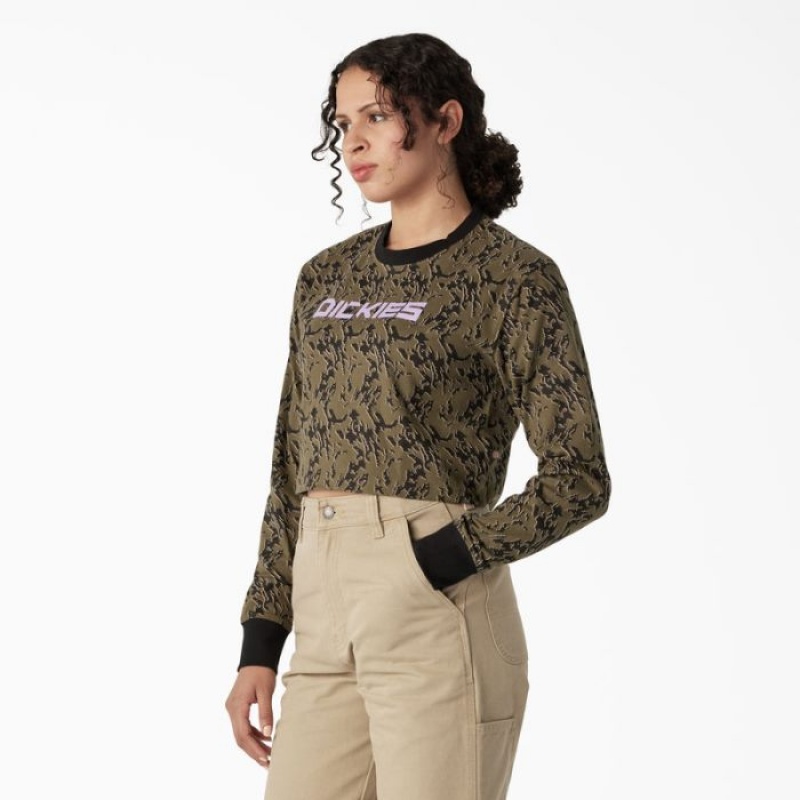 Dickies Camo Long Sleeve Cropped T-Shirt Verzi Camuflaj | LVGL5924