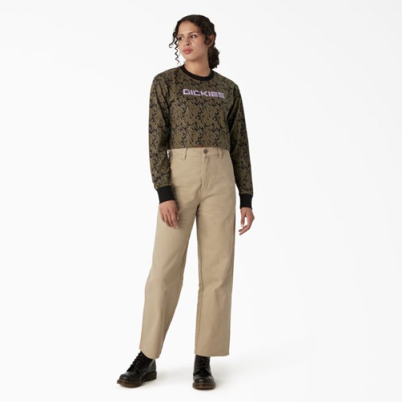 Dickies Camo Long Sleeve Cropped T-Shirt Verzi Camuflaj | LVGL5924