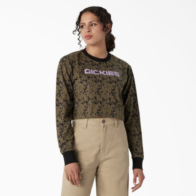 Dickies Camo Long Sleeve Cropped T-Shirt Verzi Camuflaj | LVGL5924