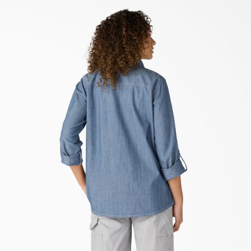 Dickies Chambray Roll-Tab Lucru Shirt Albastri Deschis | FDVE4619