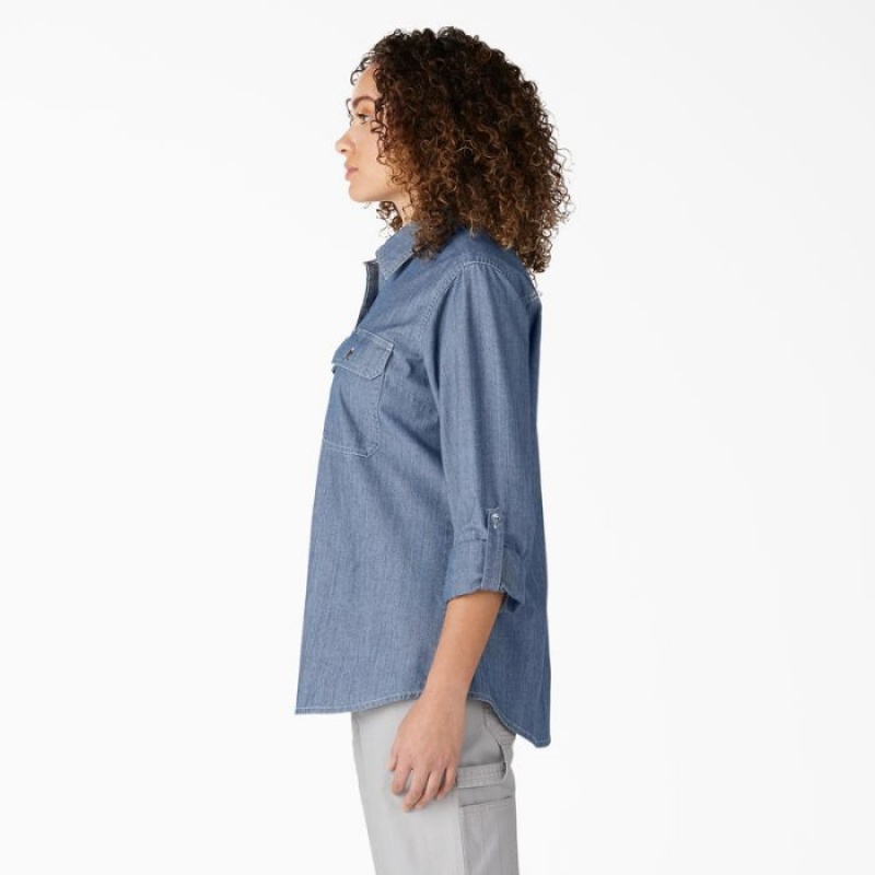 Dickies Chambray Roll-Tab Lucru Shirt Albastri Deschis | FDVE4619