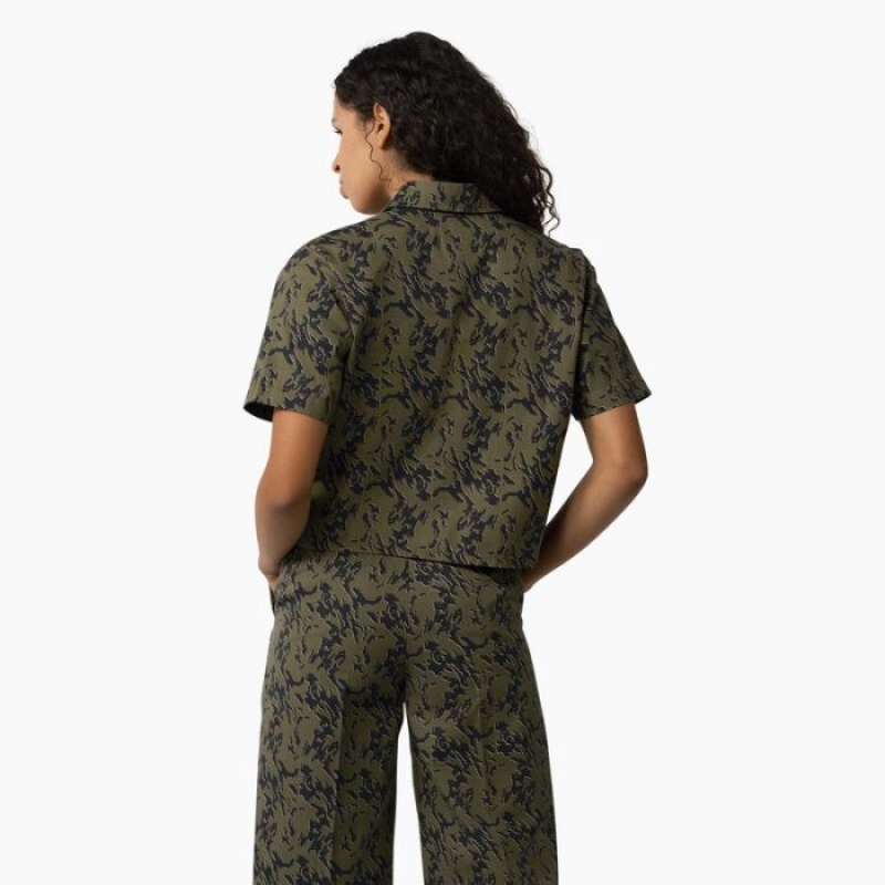 Dickies Drewsey Camo Cropped Lucru Shirt Verzi Camuflaj | DZIB8632