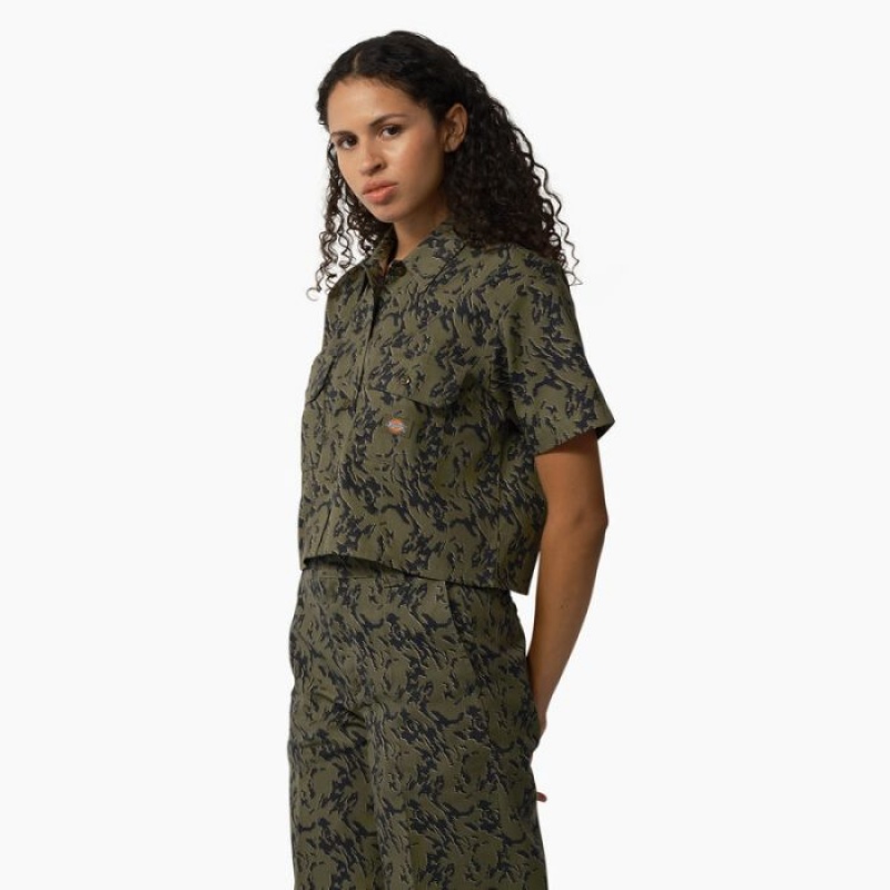Dickies Drewsey Camo Cropped Lucru Shirt Verzi Camuflaj | DZIB8632