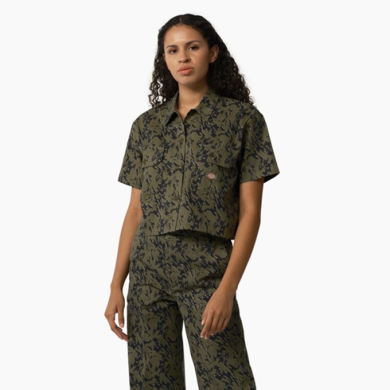 Dickies Drewsey Camo Cropped Lucru Shirt Verzi Camuflaj | DZIB8632
