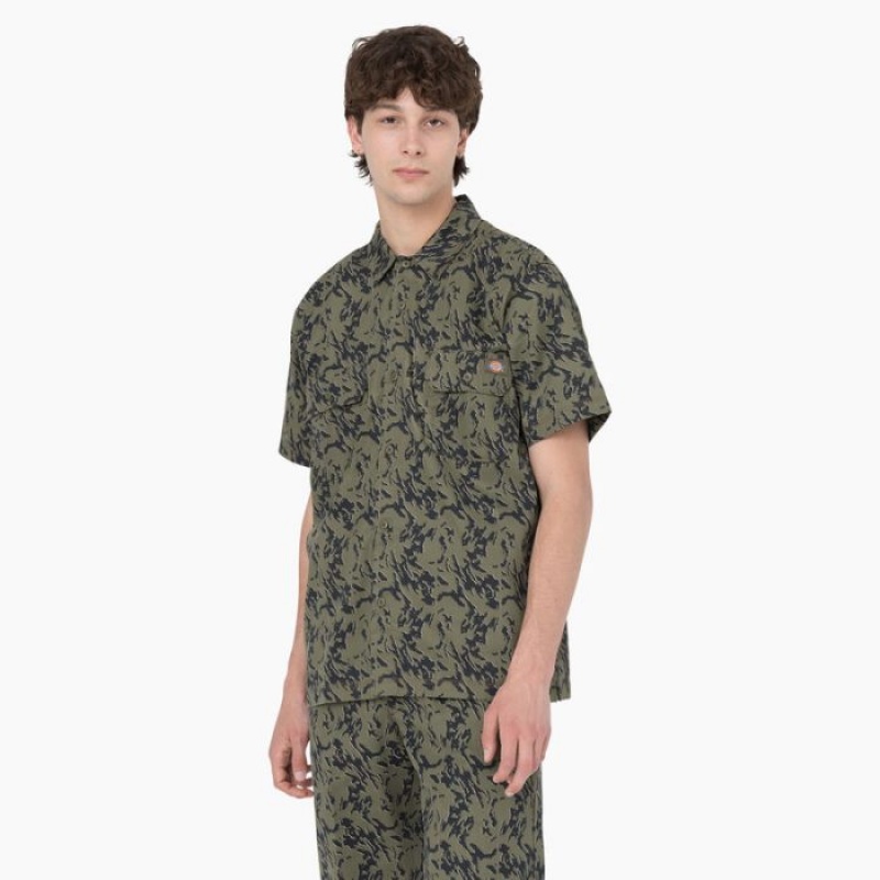 Dickies Drewsey Camo Scurte Sleeve Lucru Shirt Verzi Camuflaj | NZOB3017