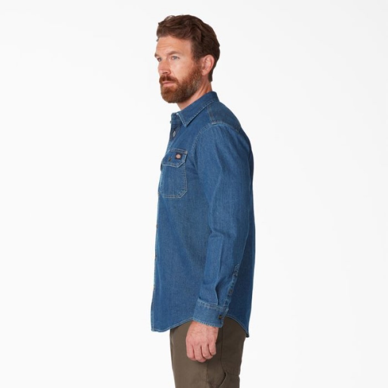 Dickies FLEX Denim Long Sleeve Shirt Albastri Albastru Deschis | JNXU1578