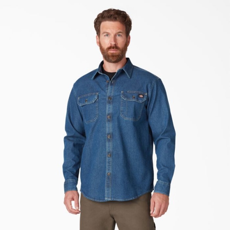 Dickies FLEX Denim Long Sleeve Shirt Albastri Albastru Deschis | JNXU1578