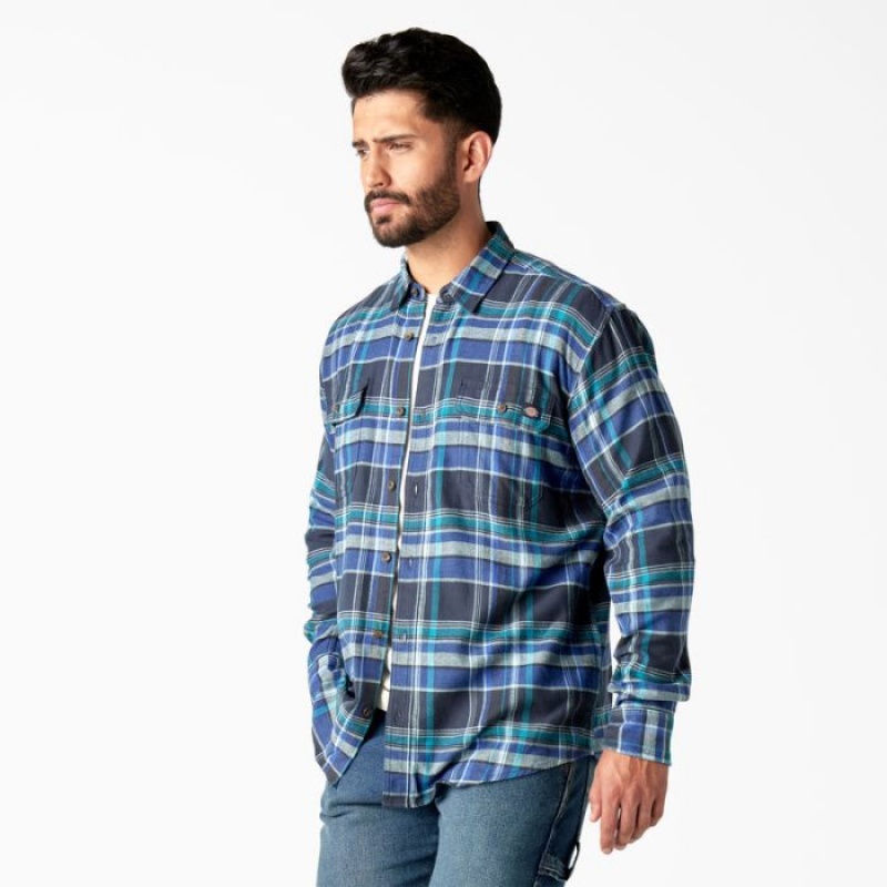 Dickies FLEX Long Sleeve Flannel Shirt Bleumarin Albastri Colorati | ARKP7940