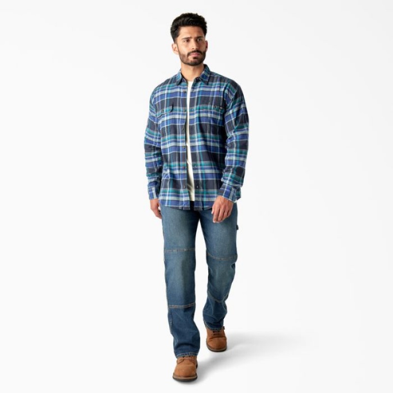 Dickies FLEX Long Sleeve Flannel Shirt Bleumarin Albastri Colorati | ARKP7940