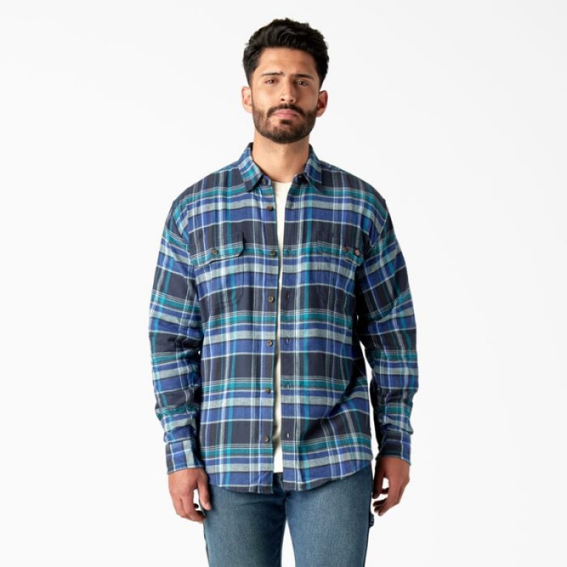 Dickies FLEX Long Sleeve Flannel Shirt Bleumarin Albastri Colorati | ARKP7940