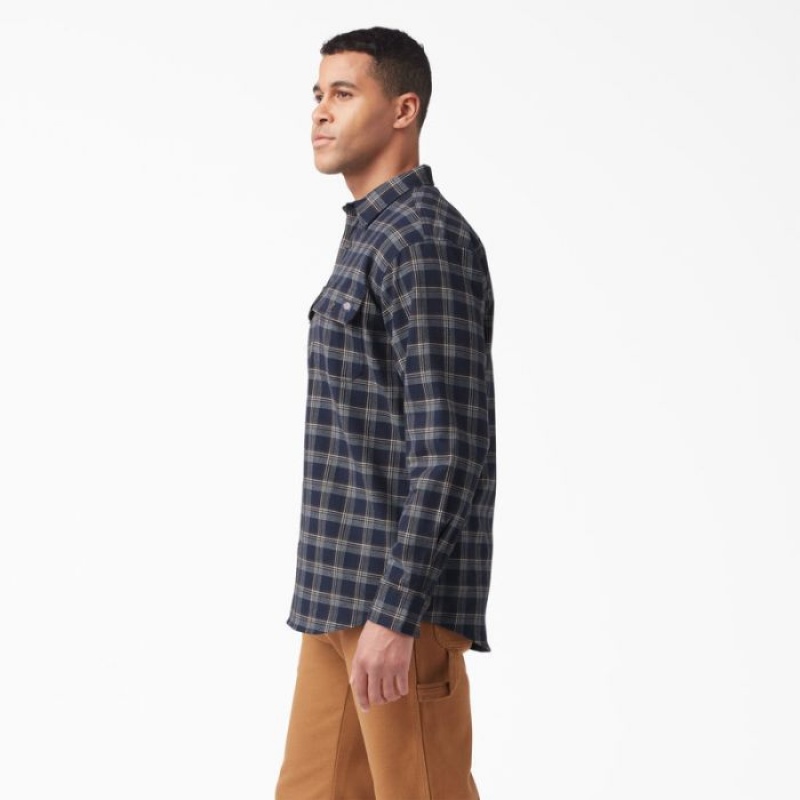 Dickies FLEX Long Sleeve Flannel Shirt Bleumarin Ciocolata Maro | XZBL8962