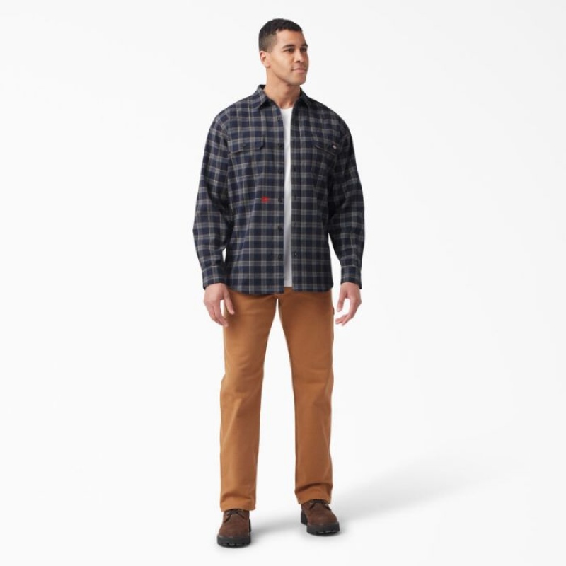 Dickies FLEX Long Sleeve Flannel Shirt Bleumarin Ciocolata Maro | XZBL8962