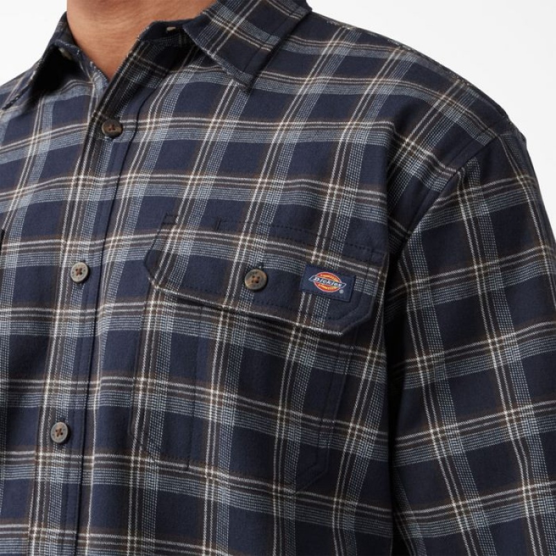 Dickies FLEX Long Sleeve Flannel Shirt Bleumarin Ciocolata Maro | XZBL8962