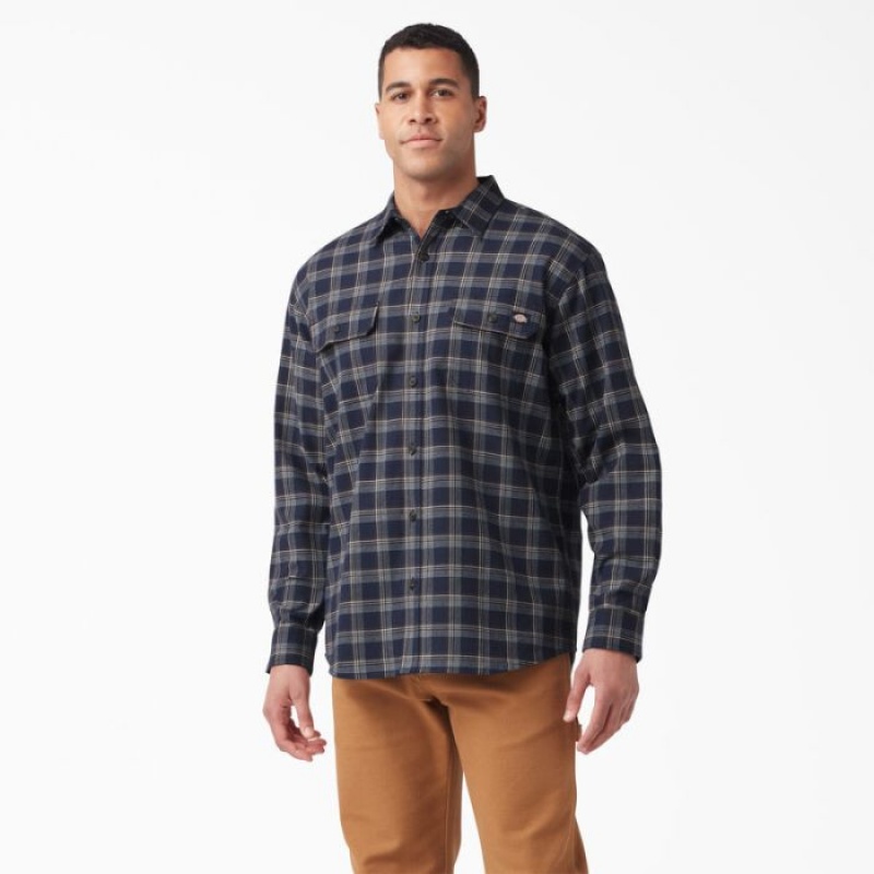 Dickies FLEX Long Sleeve Flannel Shirt Bleumarin Ciocolata Maro | XZBL8962
