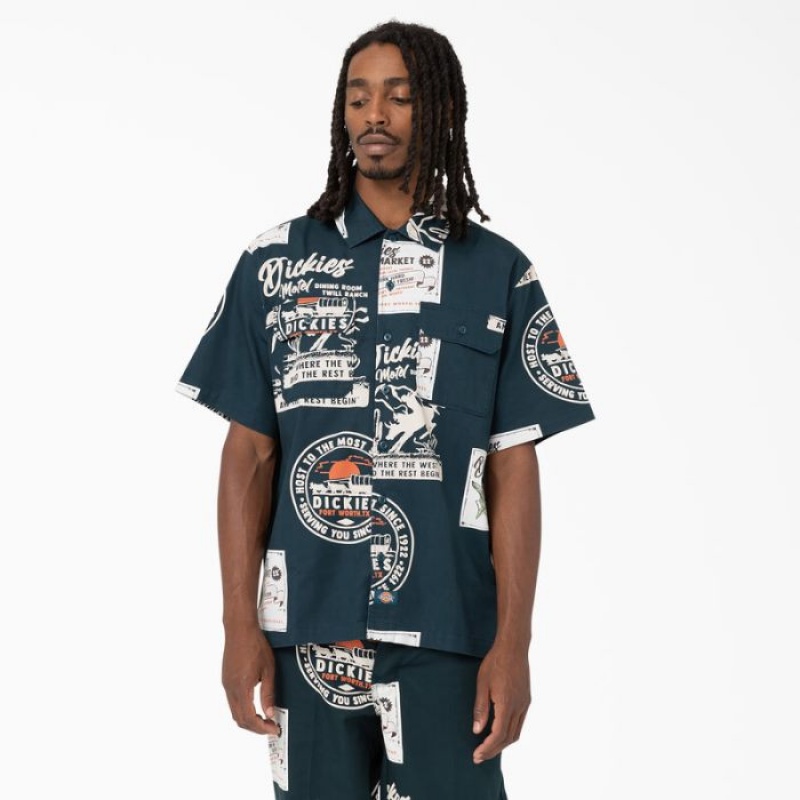 Dickies Greensburg Printed Twill Scurte Sleeve Shirt Albastru Deschis | GBDG2945