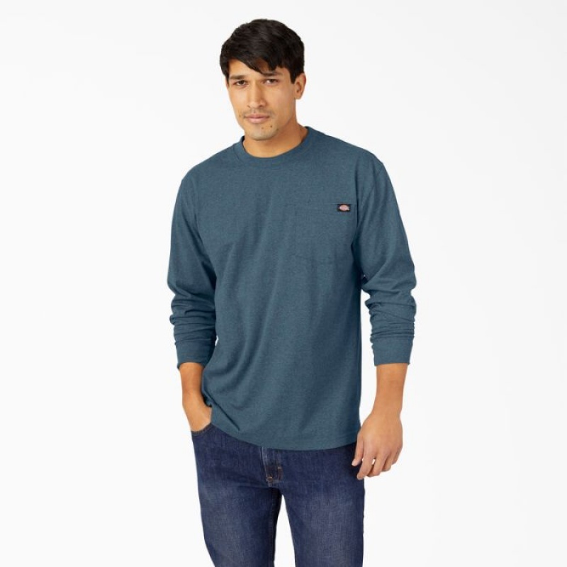 Dickies Heavyweight Heathered Long Sleeve Pocket T-Shirt Albastri | SPGU9317