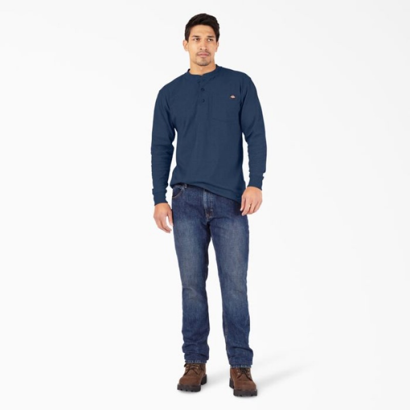 Dickies Heavyweight Heathered Long Sleeve Henley T-Shirt Bleumarin | VLRY9102