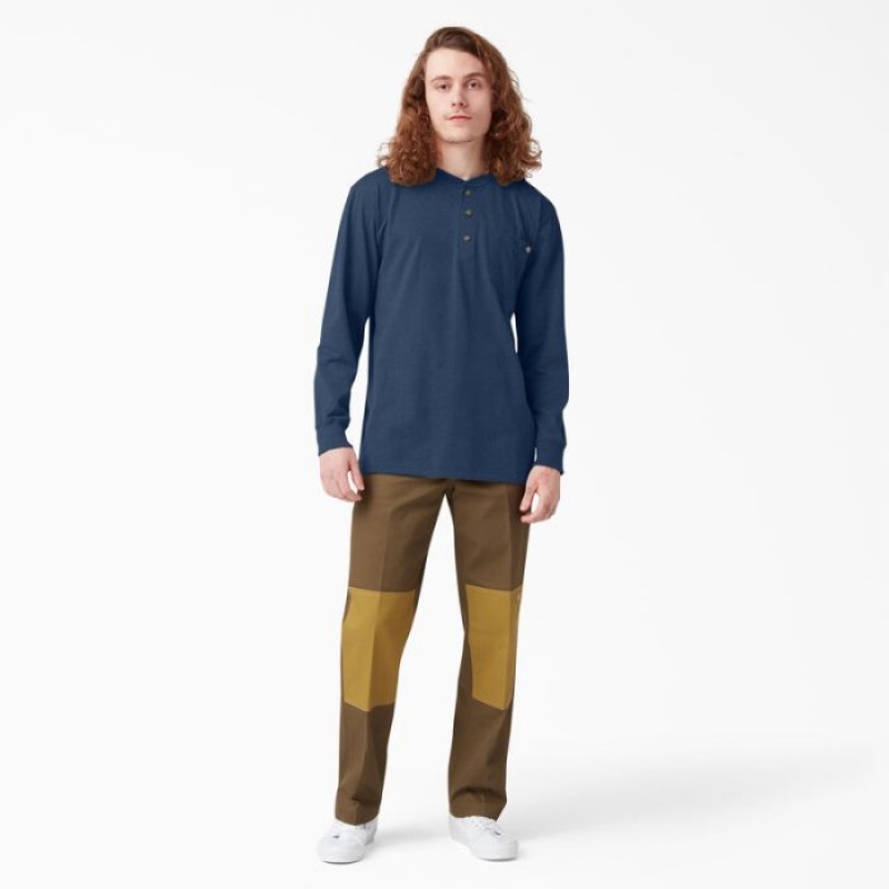 Dickies Heavyweight Heathered Long Sleeve Henley T-Shirt Bleumarin | VLRY9102
