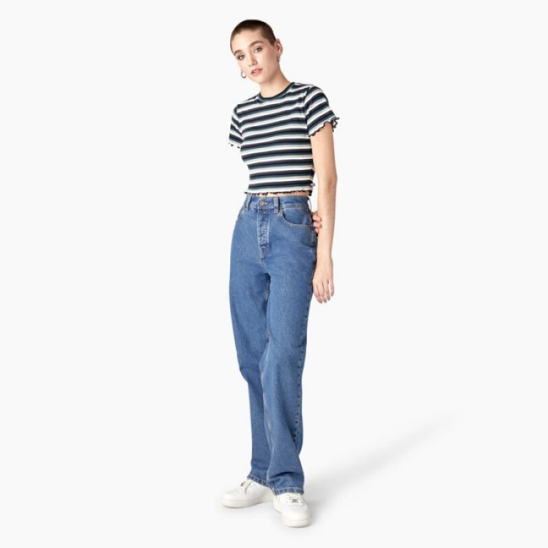Dickies In Dungi Cropped Baby T-Shirt Negrii Turcoaz | FXRX5299