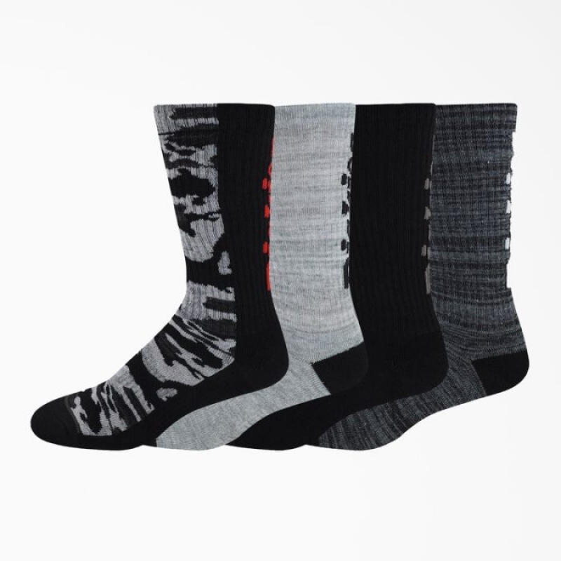 Dickies Logo Camo Crew Socks, Size 6-12, 4-Pack Negrii Gri | QAWN9329
