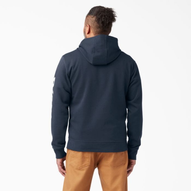 Dickies Logo Sleeve Fleece Hoodie Bleumarin | USUJ8283