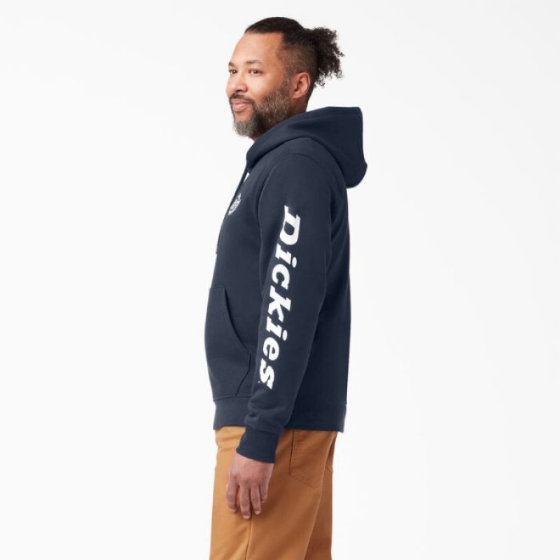 Dickies Logo Sleeve Fleece Hoodie Bleumarin | USUJ8283