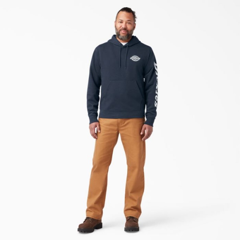 Dickies Logo Sleeve Fleece Hoodie Bleumarin | USUJ8283