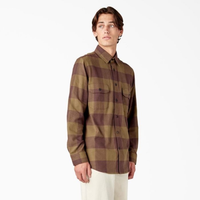 Dickies Long Sleeve Flannel Shirt Masline Verzi Inchis | VRXR2991