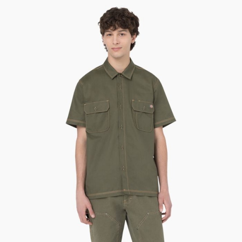 Dickies Madras Scurte Sleeve Lucru Shirt Verzi | WGFL0905