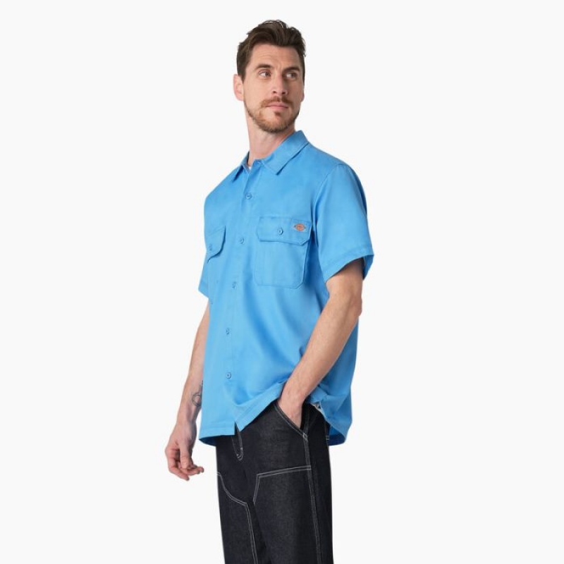 Dickies Madras Scurte Sleeve Lucru Shirt Azur Albastri | WWRX7343