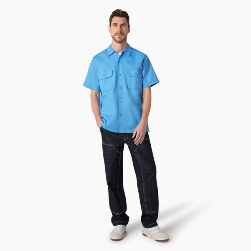 Dickies Madras Scurte Sleeve Lucru Shirt Azur Albastri | WWRX7343