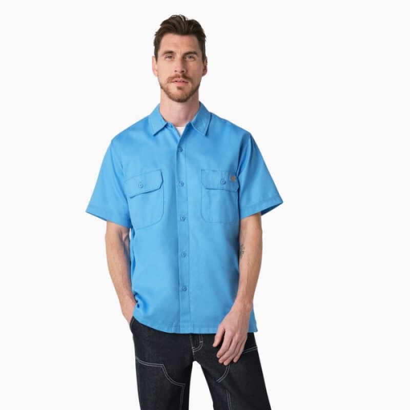 Dickies Madras Scurte Sleeve Lucru Shirt Azur Albastri | WWRX7343