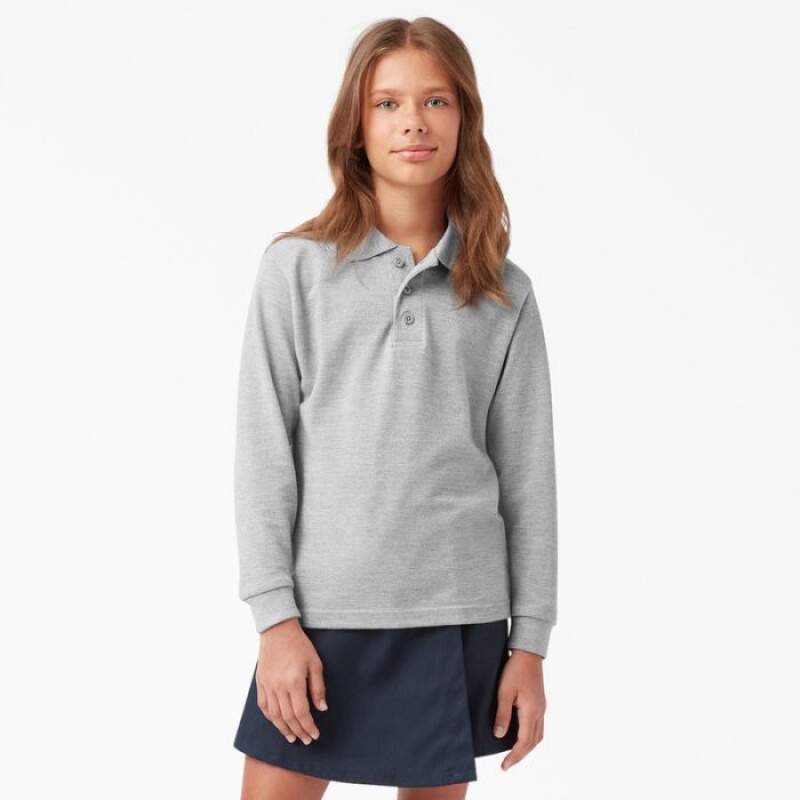 Dickies Piqué Long Sleeve Polo, 4-20 Gri | BZHE3775