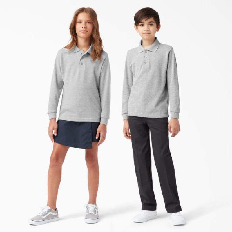 Dickies Piqué Long Sleeve Polo, 4-20 Gri | BZHE3775