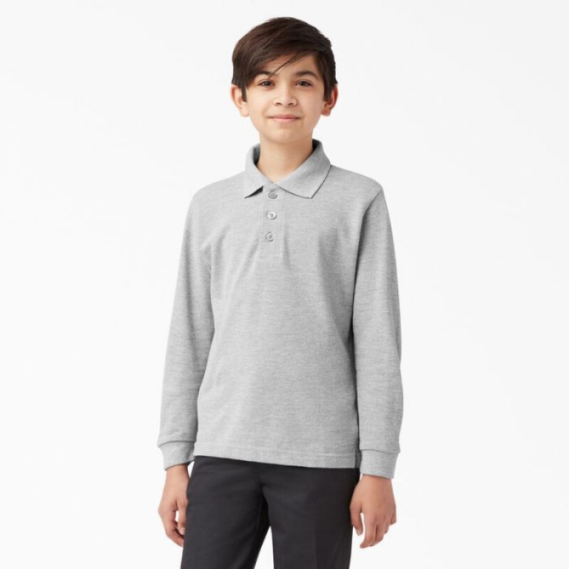 Dickies Piqué Long Sleeve Polo, 4-20 Gri | BZHE3775