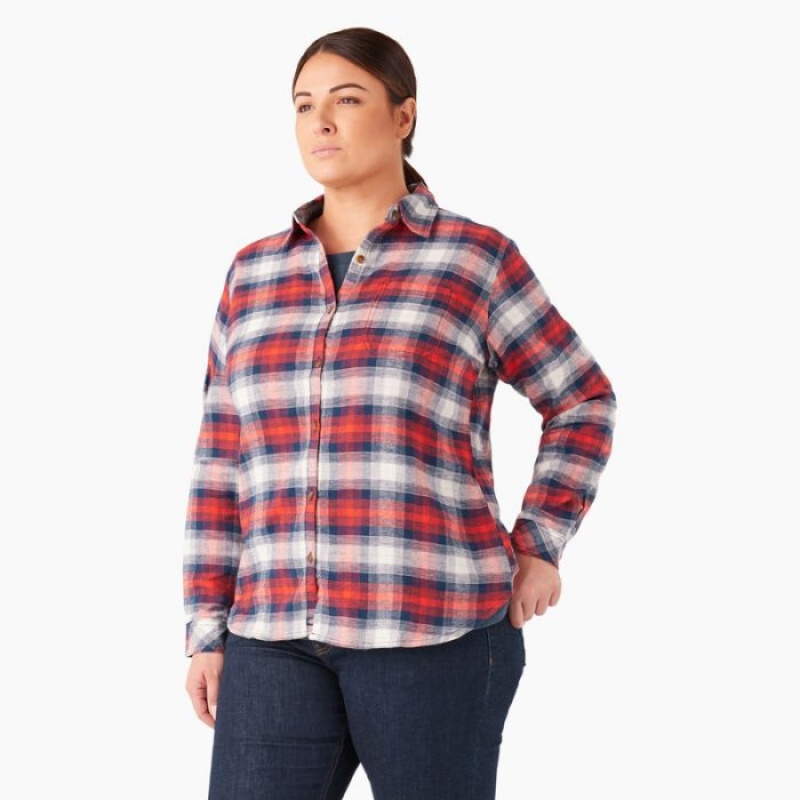 Dickies Plus Long Sleeve Plaid Flannel Shirt Portocalii Bleumarin | OSDC6815