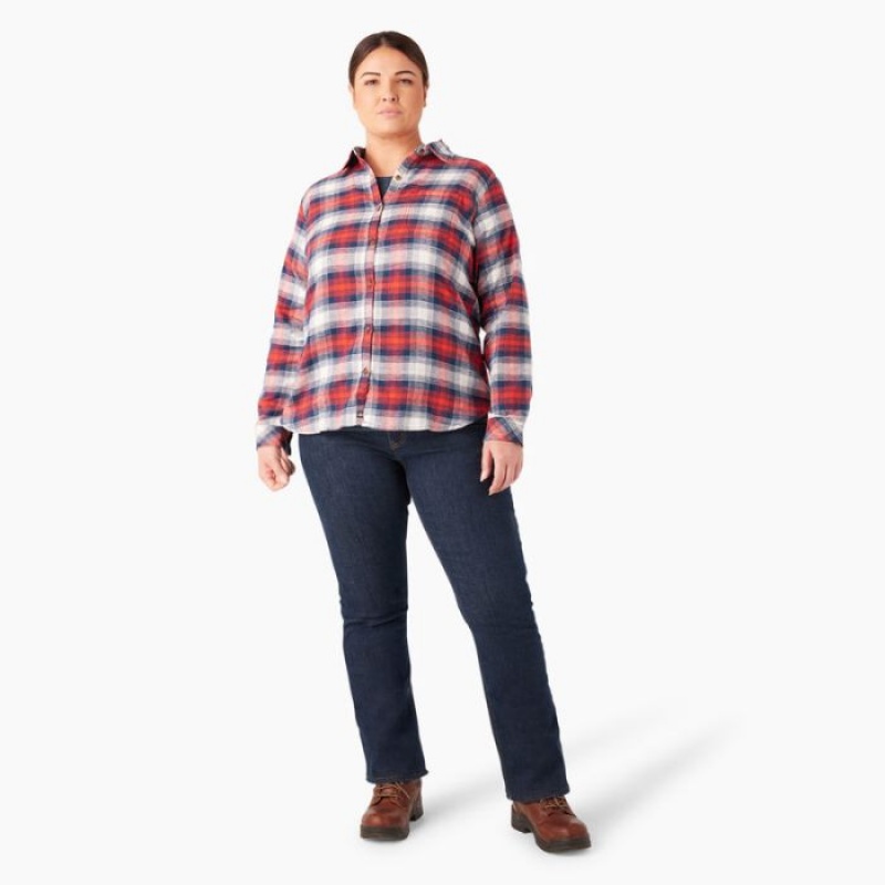 Dickies Plus Long Sleeve Plaid Flannel Shirt Portocalii Bleumarin | OSDC6815
