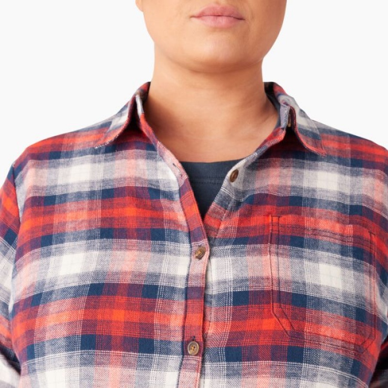 Dickies Plus Long Sleeve Plaid Flannel Shirt Portocalii Bleumarin | OSDC6815