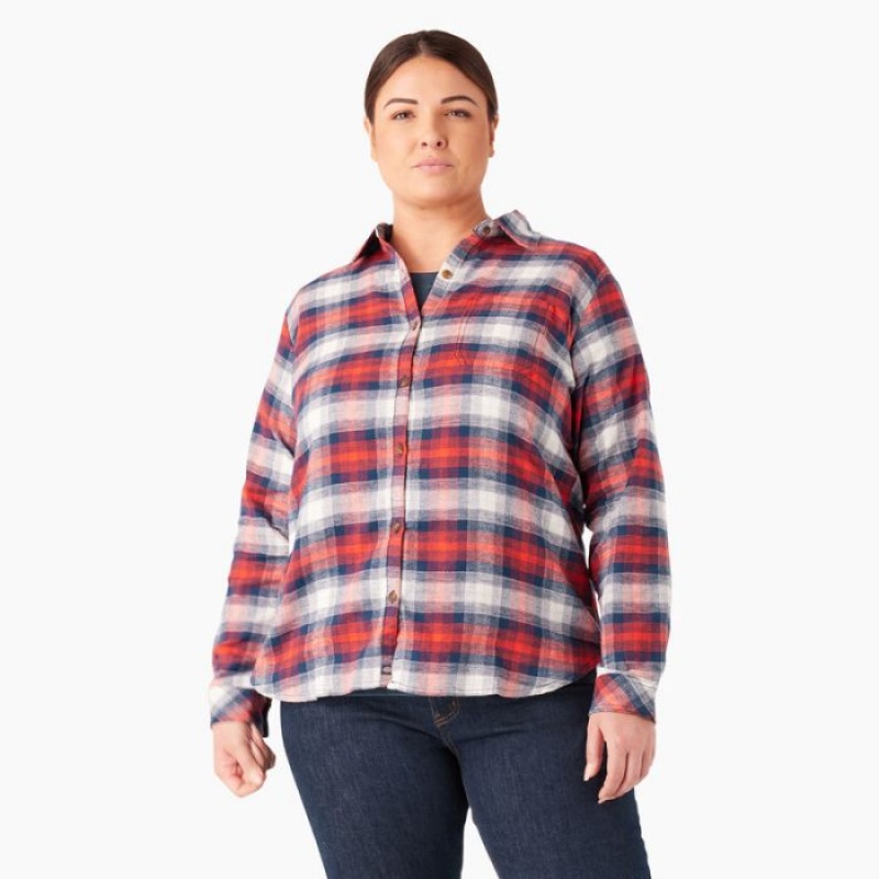 Dickies Plus Long Sleeve Plaid Flannel Shirt Portocalii Bleumarin | OSDC6815