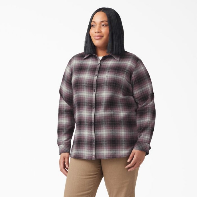 Dickies Plus Long Sleeve Plaid Flannel Shirt Violet | UTAA1829