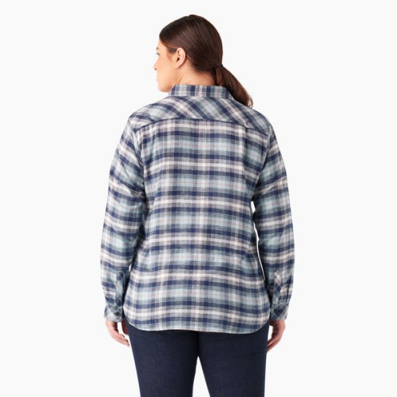 Dickies Plus Long Sleeve Plaid Flannel Shirt Albastri Bleumarin | DHLU8552